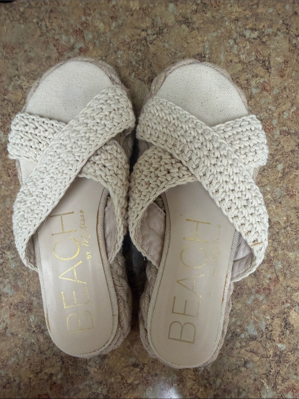Beach by Matisse Women's Beige Crochet Cross-Strap Slide Sandals